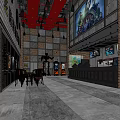 Modern Cinema Lobby With Red Ceiling Brick Walls Counter And Movie Posters