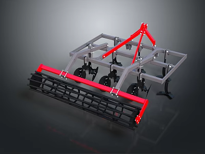 Farm Tillage Equipment With Metal Frame Red Components And Black Blades For Soil Cultivation 3d model