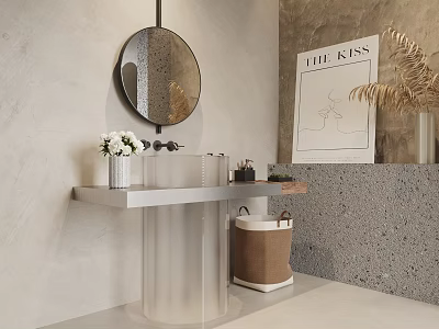 Minimalist Bathroom Washbasin With Round Mirror Gray Wall Vase White Flowers And Decorative Poster 3d model