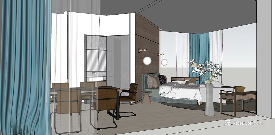 Modern Hotel Room Interior With Bed Pillows Chairs Table Blue Curtains And Vase With Flowers 3d model 