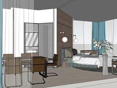 Modern Hotel Room Interior With Bed Pillows Chairs Table Blue Curtains And Vase With Flowers 3d model