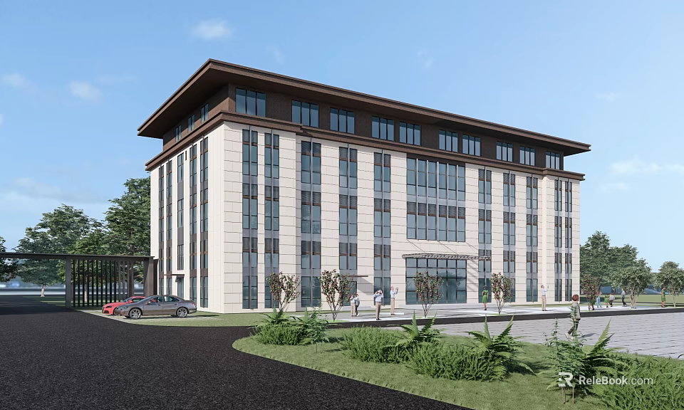 Modern Office Building With Light Colored Facade Landscaped Garden And Spacious Entrance 3d model 