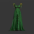 Green Long Evening Gown with V neckline yellow shoulder decorations and black embroidery details