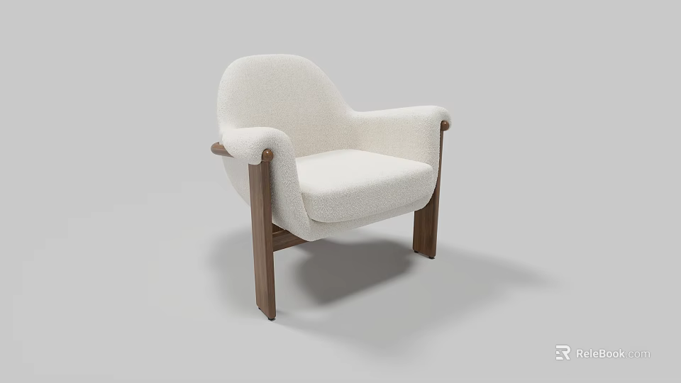 Modern White Upholstered Armchair With Wooden Armrests And Legs And Curved Backrest 3d model 