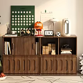Modern Wooden Bookcase With Books Decorative Items Potted Plant Bowl Of Fruits And Cabinet Doors