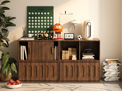 Modern Wooden Bookcase With Books Decorative Items Potted Plant Bowl Of Fruits And Cabinet Doors 3d model