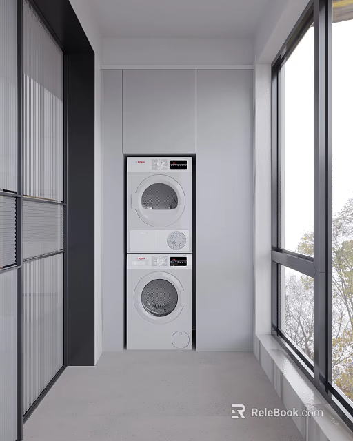 Home Balcony Modern Design With Stacked Washer Dryer Window And Tree View 3d model 