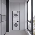 Home Balcony Modern Design With Stacked Washer Dryer Window And Tree View