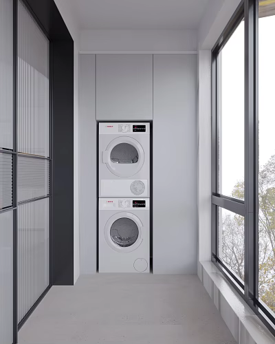 Home Balcony Modern Design With Stacked Washer Dryer Window And Tree View 3d model
