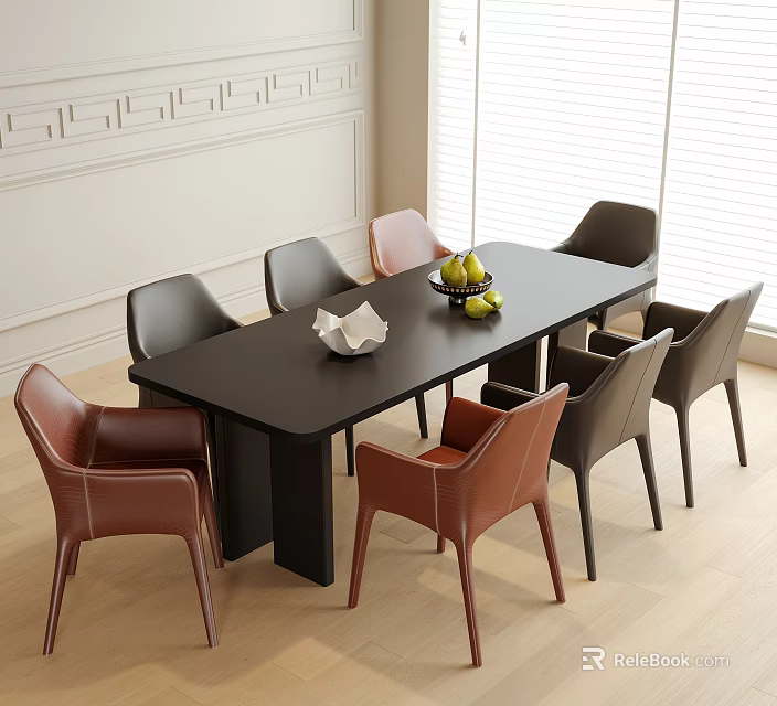 Black Dining Table with Brown and Black Leather Chairs in Bright Room with Fruit Bowl 3d model 