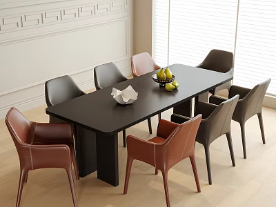 Black Dining Table with Brown and Black Leather Chairs in Bright Room with Fruit Bowl 3d model