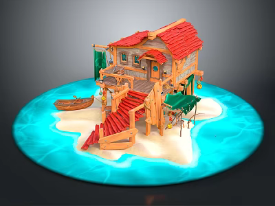 Overwater Wooden Cottage Featuring Red Roof Wooden Staircase Small Boat and Turquoise Water Sandy Beach 3d model