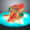 Overwater Wooden Cottage Featuring Red Roof Wooden Staircase Small Boat and Turquoise Water Sandy Beach
