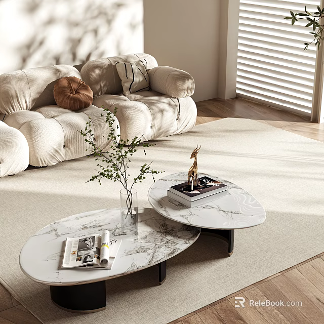 Modern Elegant Sofa Coffee Table Combination With Marble Top Sunlight Green Plant And Magazines 3d model 