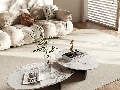 Modern Elegant Sofa Coffee Table Combination With Marble Top Sunlight Green Plant And Magazines 3d model