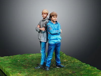 Two Boys With Crossed Arms Standing On Grass In Hoodies And Jeans 3d model