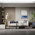 Modern Living Room Interior With Beige Sofa Coffee Table Gray Pillows And Blue Wave Painting