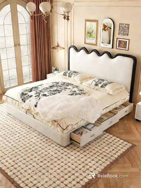 Elegant Double Bed With Scalloped Headboard Storage Drawers And Faux Fur Throw In Modern Bedroom 3d model 