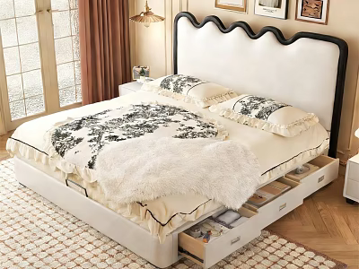 Elegant Double Bed With Scalloped Headboard Storage Drawers And Faux Fur Throw In Modern Bedroom 3d model