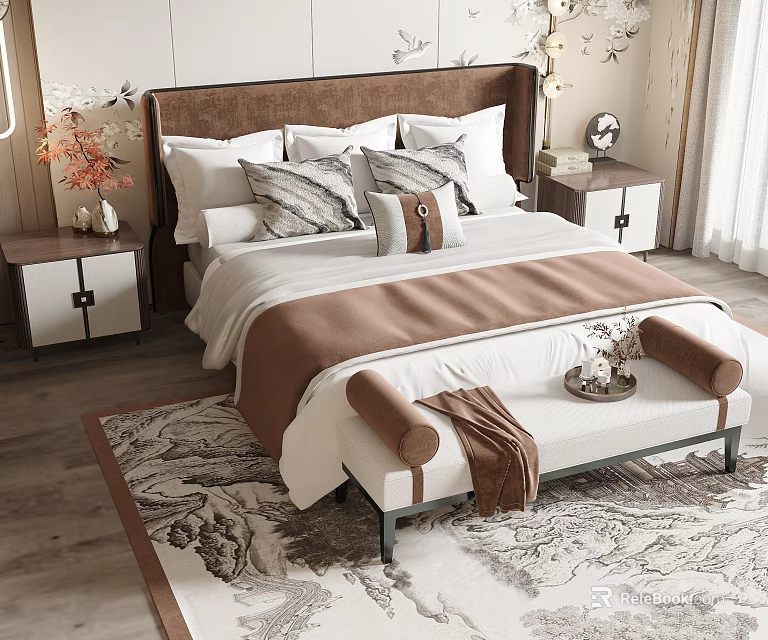 Elegant Modern Double Bed Interior With Upholstered Headboard Bedside Tables Decorative Pillows And Bed Bench 3d model 