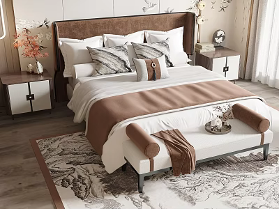 Elegant Modern Double Bed Interior With Upholstered Headboard Bedside Tables Decorative Pillows And Bed Bench 3d model