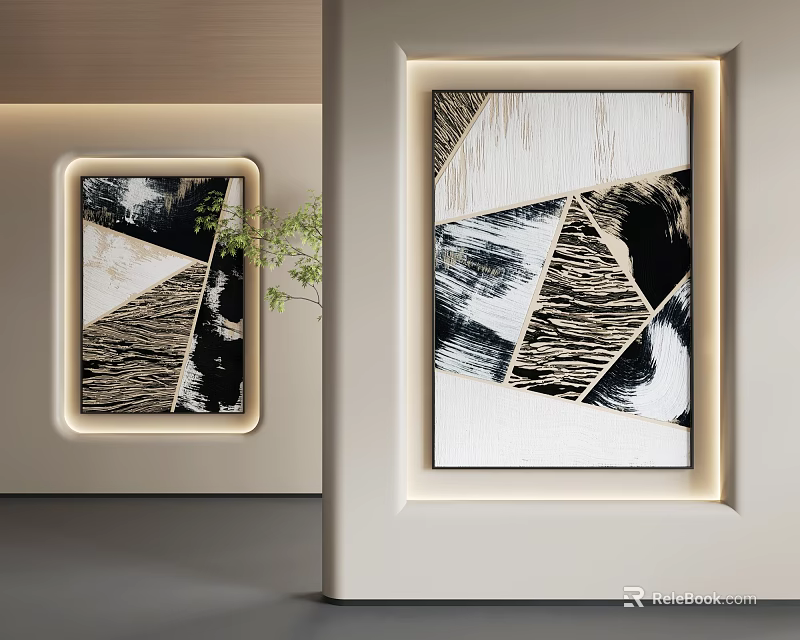 Abstract Painting Featuring Black White Gold Geometric Shapes In Illuminated White Frame Modern Interior 3d model 
