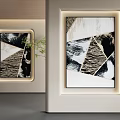 Abstract Painting Featuring Black White Gold Geometric Shapes In Illuminated White Frame Modern Interior