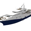Luxury Yacht Sailing on Ocean with White Blue Hull Multiple Decks and Top Radar Equipment
