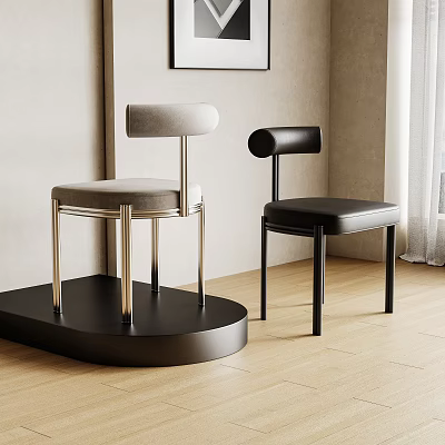 Modern Minimalist Dining Chairs With Gray Fabric And Black Leather Seats On Metal Legs 3d model