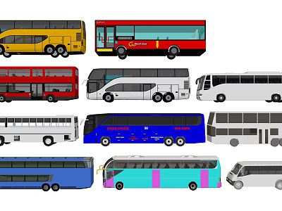 Various Colored Public Transport Buses in Different Styles and Sizes 3d model