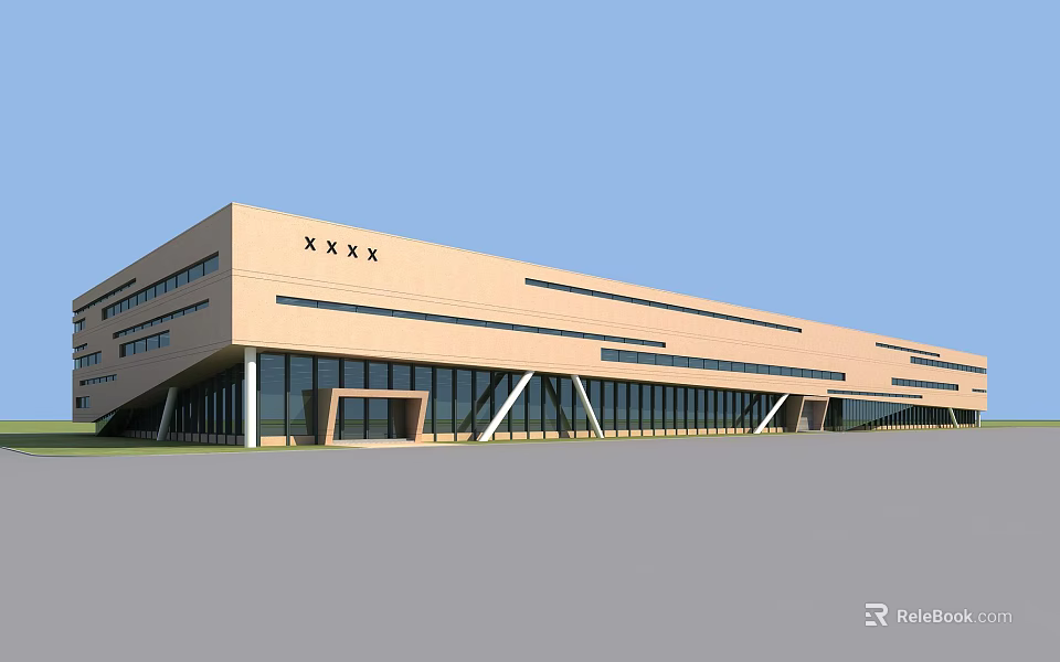 Modern Commercial Building Exterior With Glass Curtain Walls And Geometric Design 3d model 