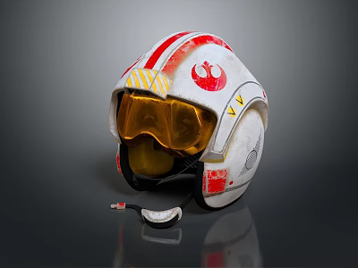 Red And White Striped Helmet With Yellow Goggles And Emblem Accents 3d model
