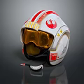Red And White Striped Helmet With Yellow Goggles And Emblem Accents