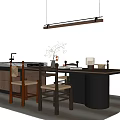 Modern Dining Table Set With Wooden Chairs Pendant Light And Decorative Branch