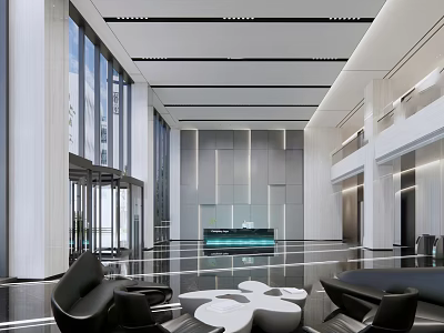 Modern Service Hall Interior With Spacious Layout Large Windows Front Desk And Waiting Area Furniture 3d model