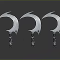 Three Silver Scythe Weapons with Intricate Patterned Handles and Shiny Finish
