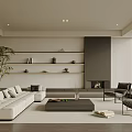 Modern Living Room Interior With White Sofa Bookshelves Fireplace And Large Window