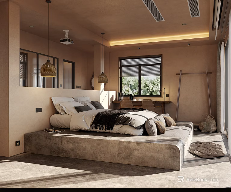 Minimalist Bedroom Interior Design With Platform Bed White Black Bedding Large Windows And Natural Light 3d model 