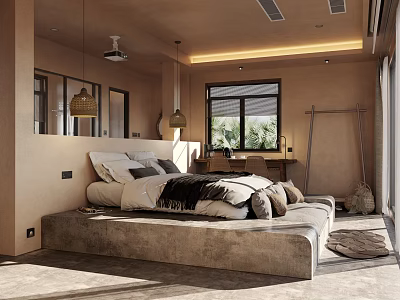 Minimalist Bedroom Interior Design With Platform Bed White Black Bedding Large Windows And Natural Light 3d model