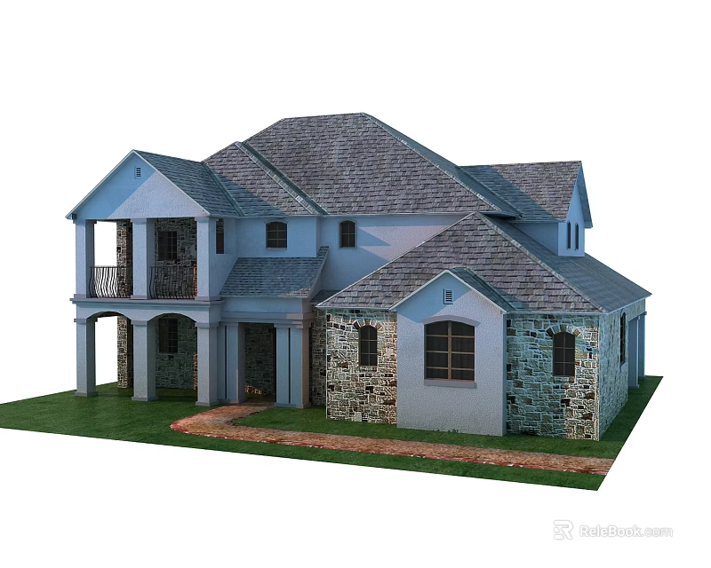 Gray Roof Single Family Home With Stone Exterior Front Porch And Green Lawn 3d model 