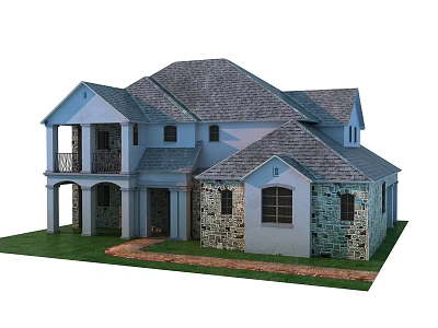 Gray Roof Single Family Home With Stone Exterior Front Porch And Green Lawn 3d model