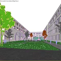 Modern School Campus With Multiple Classroom Buildings Green Courtyard Lawn And Trees