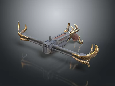 Decorative Fantasy Weapon With Golden Curved Horns And Metal Red Details Design 3d model