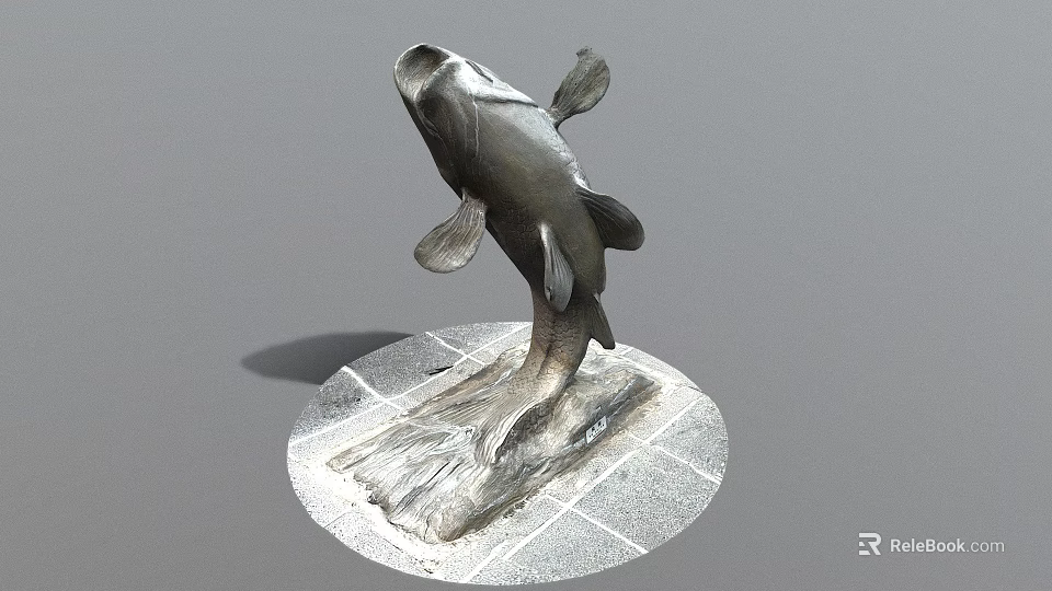 Game and Movie Character Metal Fish Statue In Leaping Pose With Square Textured Base 3d model 