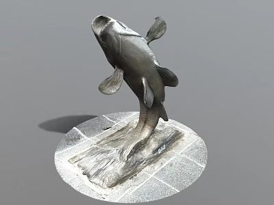 Game and Movie Character Metal Fish Statue In Leaping Pose With Square Textured Base 3d model