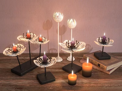 Various Decorative Candle Lamps With Black Bases And Colorful Candles On Wooden Table 3d model
