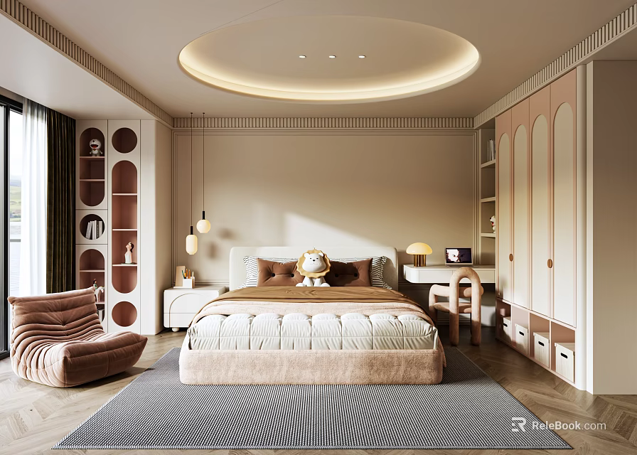 Modern Cozy Kids Room Interior With Round Ceiling Light Bed Armchair And Soft Rug 3d model 