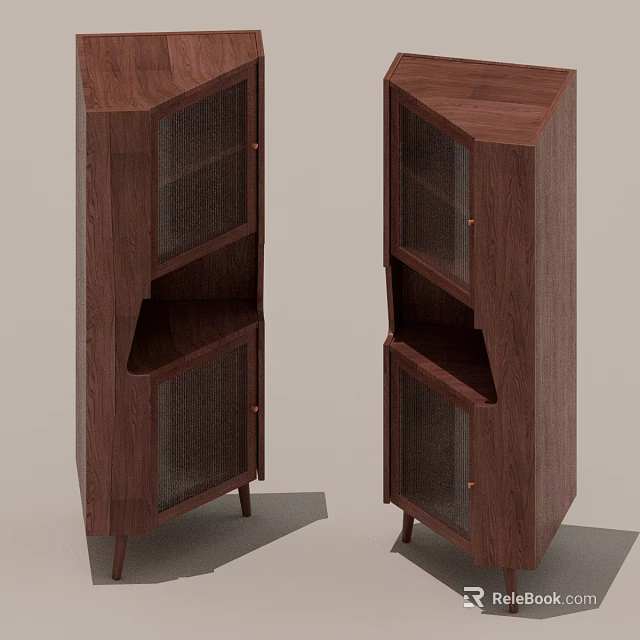 Brown Wooden Display Cabinets With Glass Doors And Shelves For Home Decor 3d model 