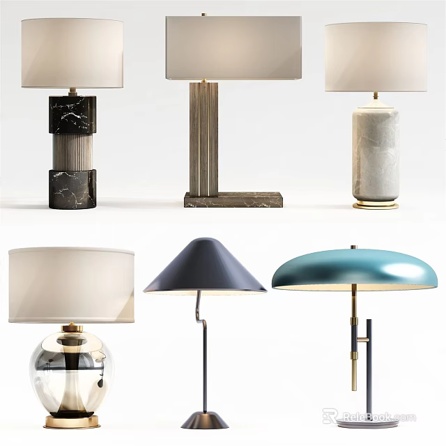 Elegant Modern Table Lamps With Marble Metal Bases And Various Shade Shapes 3d model 