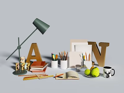 Decorative Ornament Combination With Desk Lamp Letters Books Stationery Fruits Mug And Figurine 3d model
